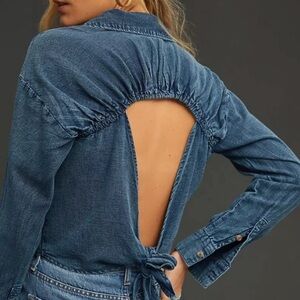 Anthropologie Pilcro Denim Top Open Back Tie Western Cowgirl Size Medium